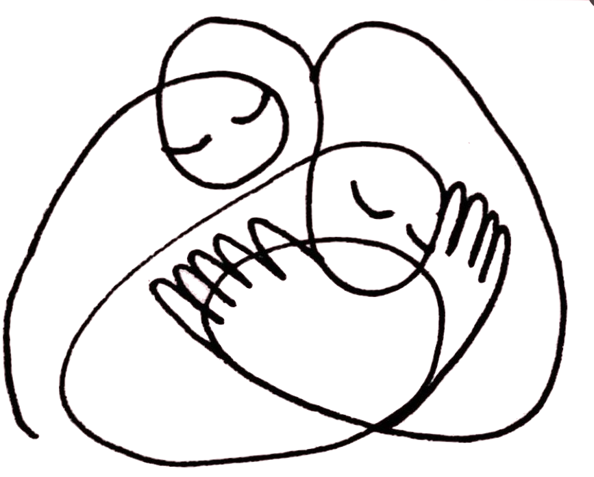Line drawing of a parent hugging two children
